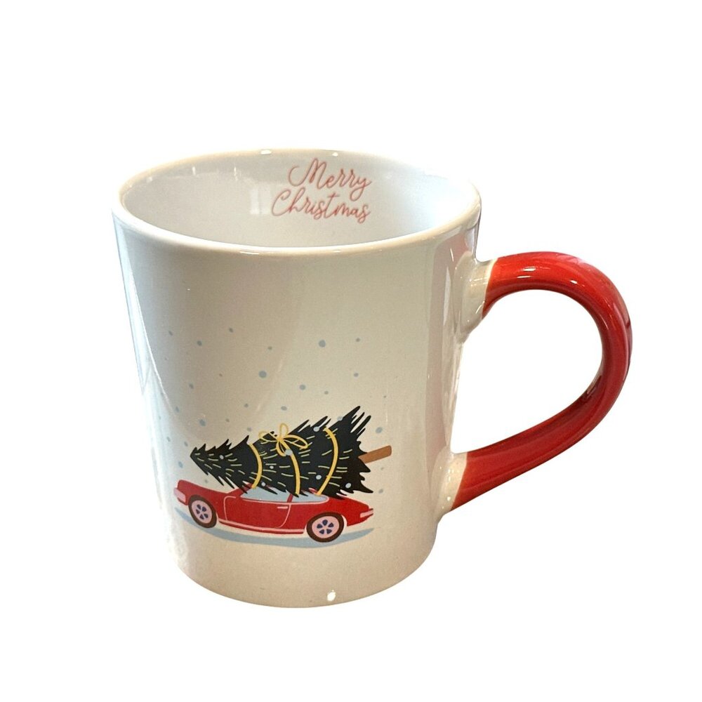 Christmas Ceramic Mug Set Red Interior Holiday Coffee Cups Joy Tree Car Design - Picture 7 of 10